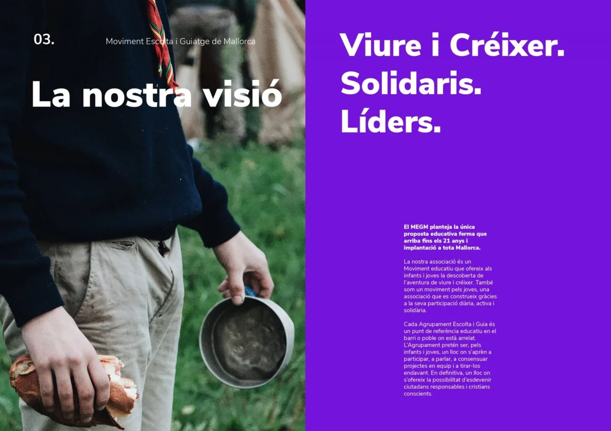 MEGM-Markenbuch, Seite 4 – Branding für „Moviment Escolta Guiatge Mallorca“ von Indigo Estudio