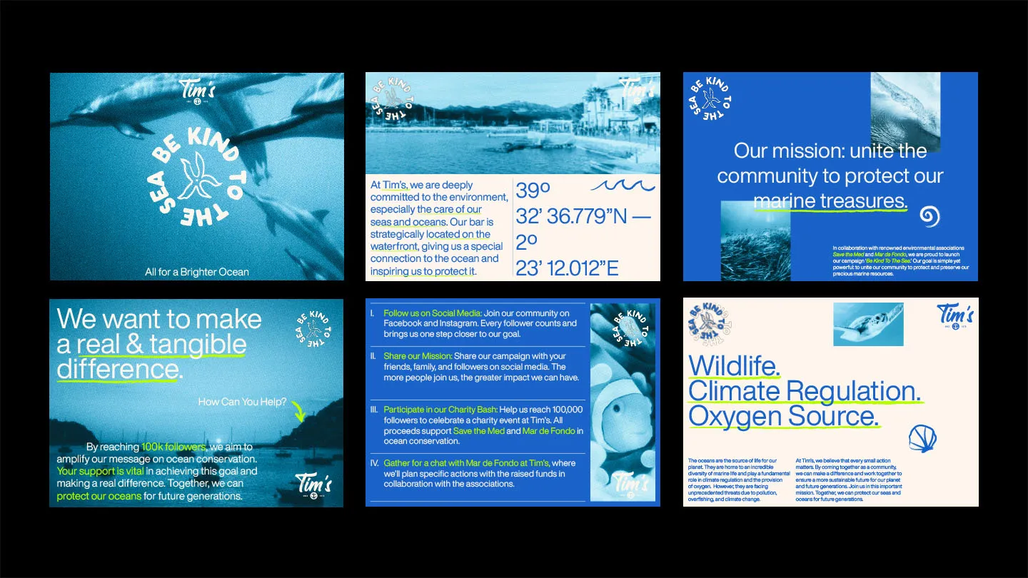 Campagne « Be Kind to the Sea » x Tim's Andratx — conception graphique par Indigo Estudio Mallorca