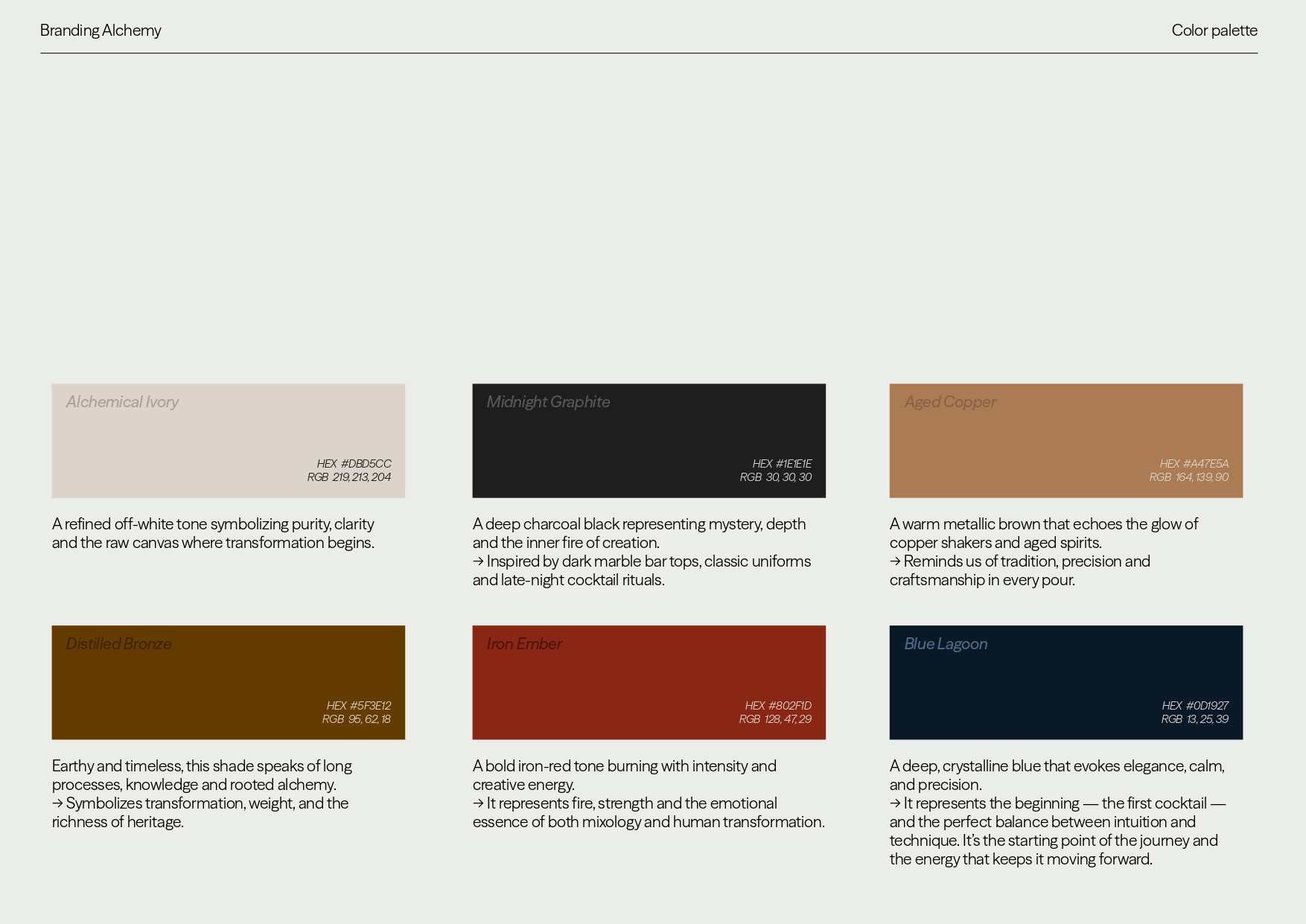 Alchemy-Farbpalette – Alchemical Ivory, Midnight Graphite, Aged Copper